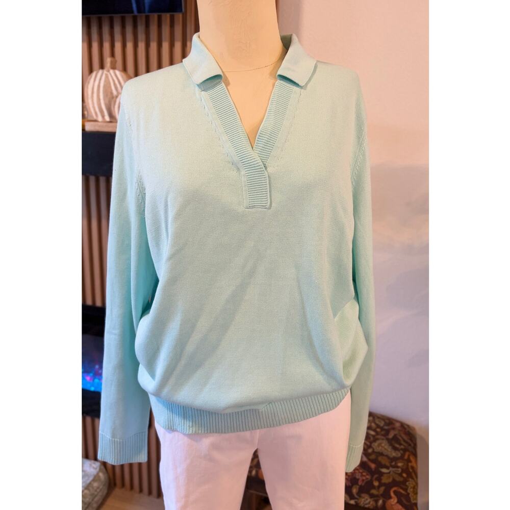 Edinburgh Knitwear Shaker Knit Polo Sweater in a soft mint/aqua blue XL